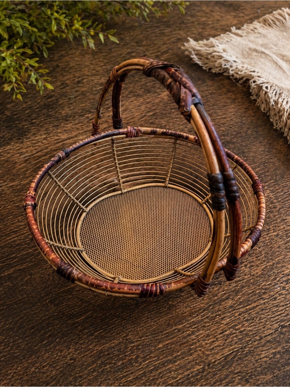 Rustic Metal Wire Basket w Handle Bronze Gold Wicker Wrapped Farmhouse